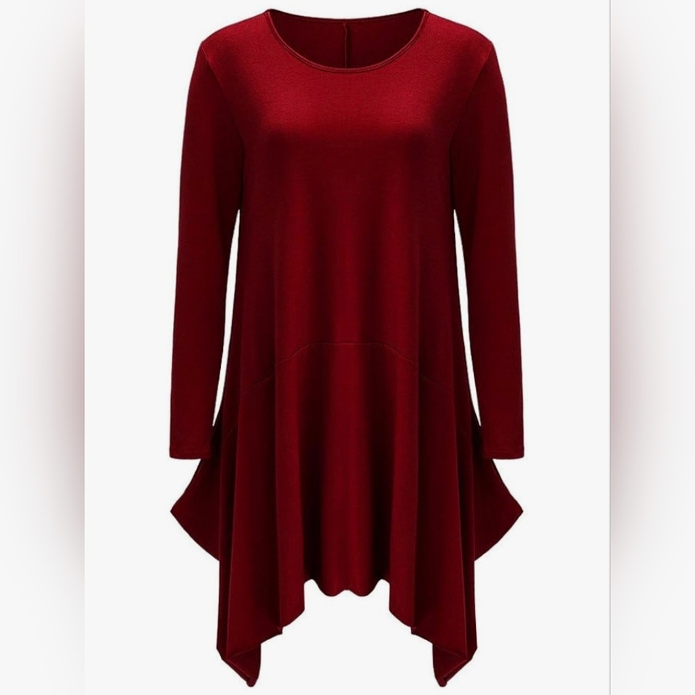 Plus-sized Red 2X Scoop Neck Long Sleeve T-shirt Dress/Tunic With Pockets